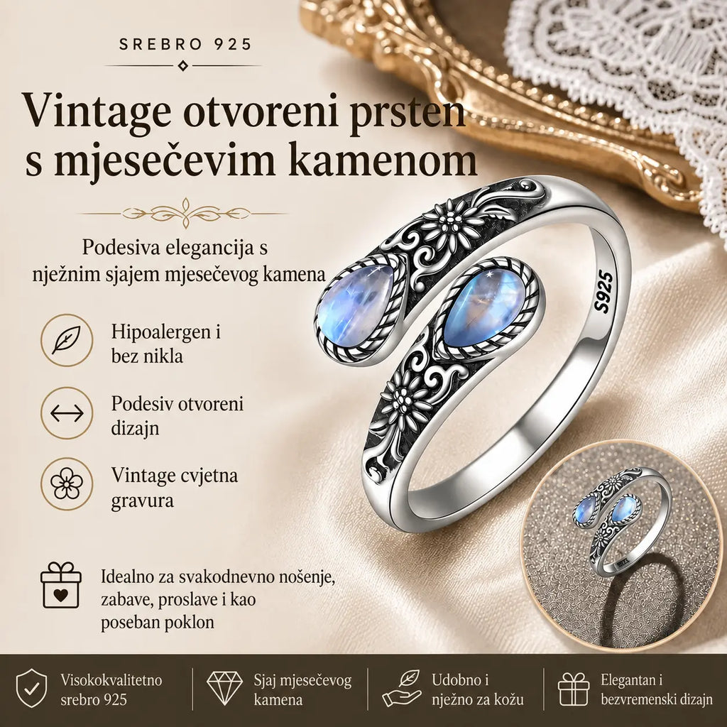 🔥✨【Kupi 1, dobij 1 gratis】Srebrni prsten s mjesečevim kamenom i motivom tratinčice｜Vintage stil • Podesiva veličina • Bezvremenska elegancija