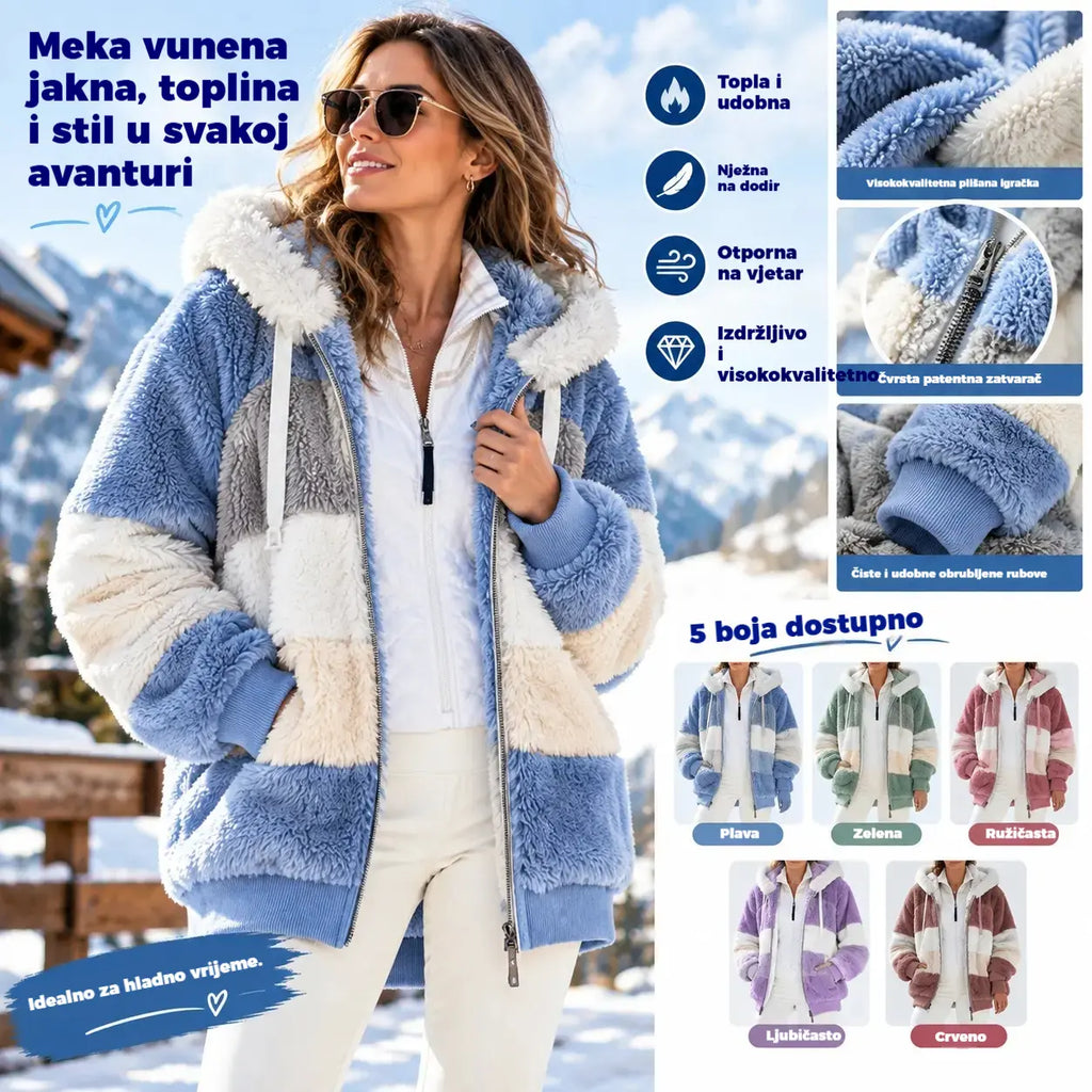 ❄️Posljednji dan – 50% POPUSTA!【S–5XL】 Nova topla ženska jakna 2026. s mekanom plišanom podstavom, kontrastnim prugama, kapuljačom, patentnim zatvaračem i džepovima, širokog kroja