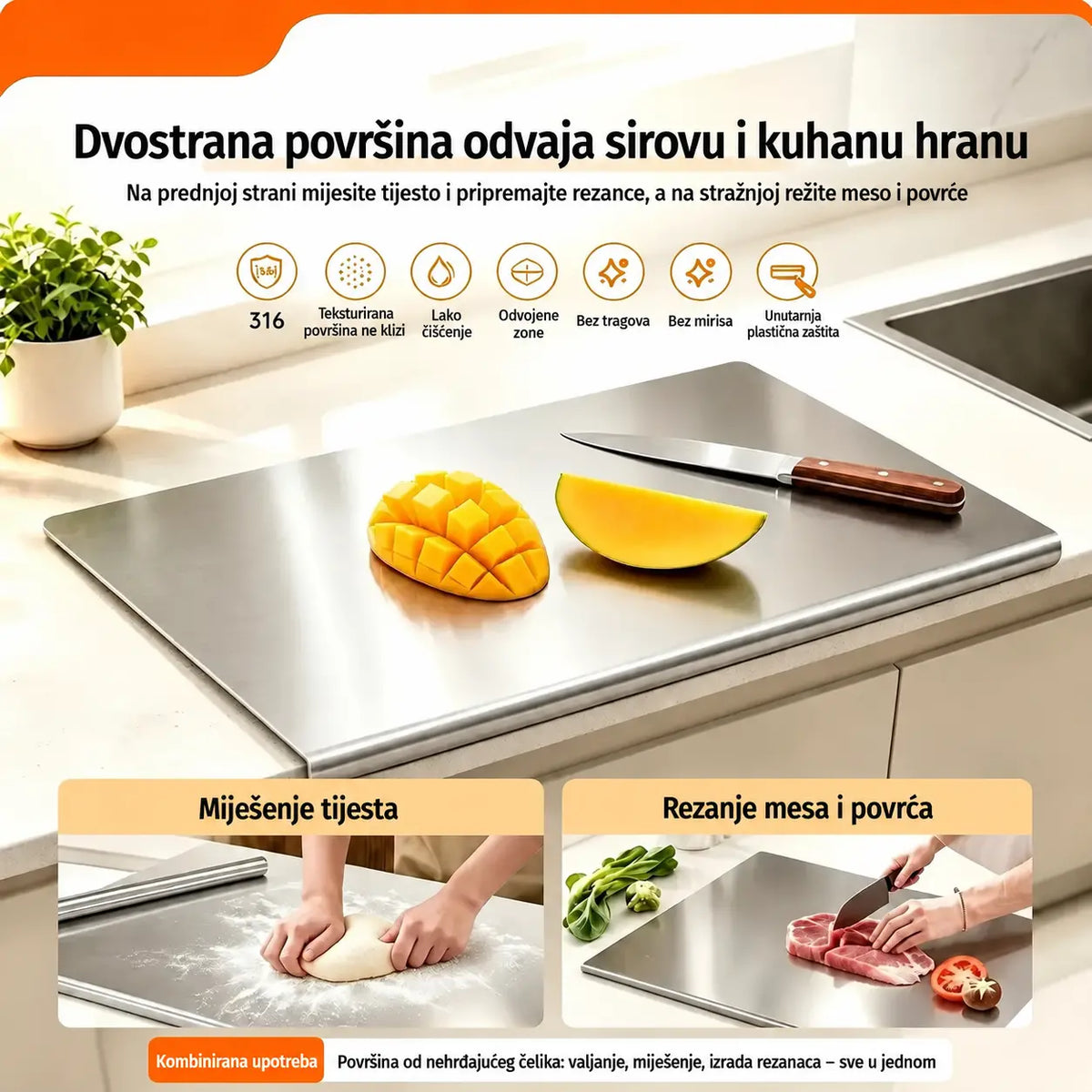 🔪【Izuzetno debela】Daska za rezanje od nehrđajućeg čelika s preklopljenim rubom – ekstra debela i višenamjenska, idealna za profesionalnu i kućnu kuhinju✨