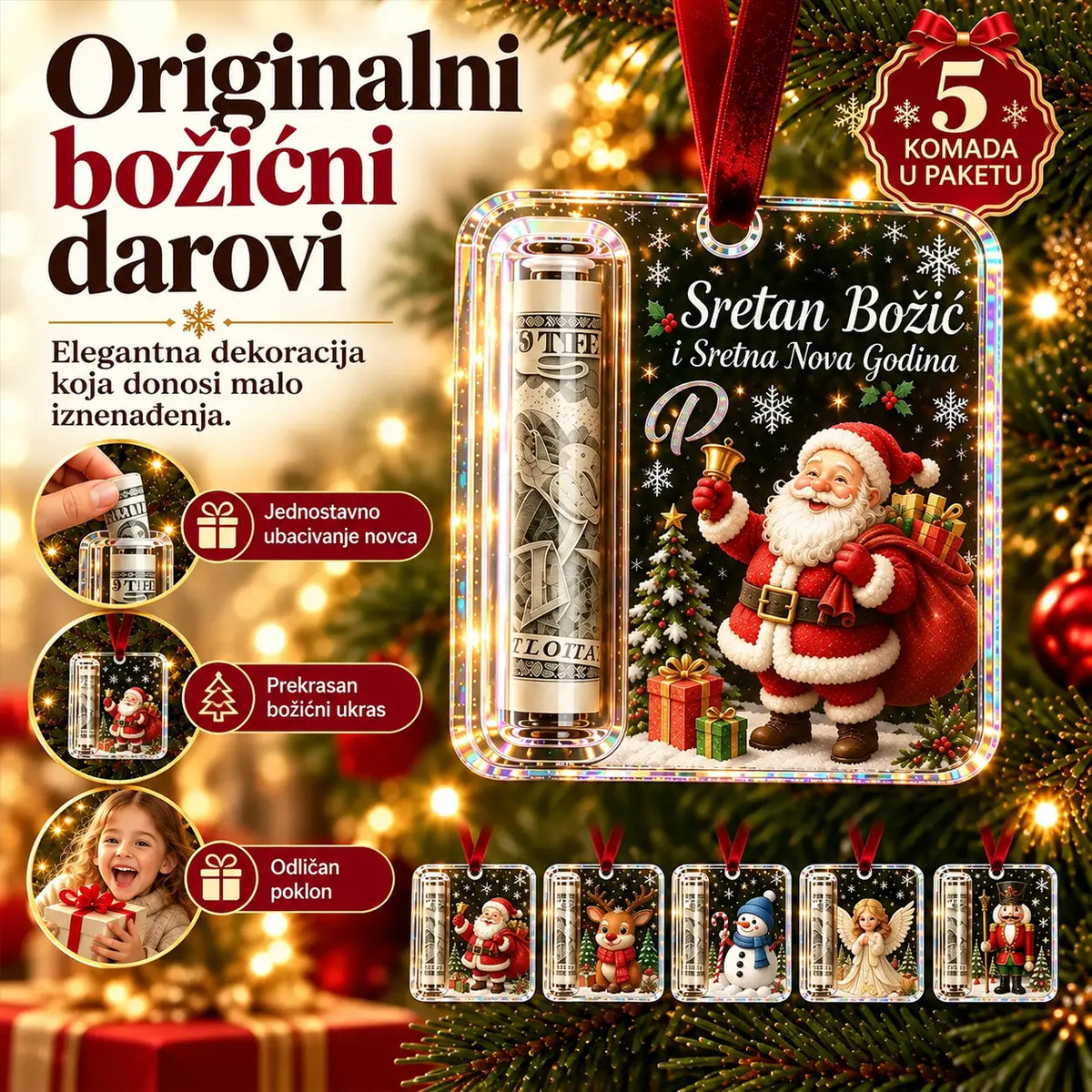 🎄✨Božićni ukras za novac!【Set od 5 komada】Ukras za božićno drvce koji skriva novčanice – kreativan i iznenađujući blagdanski poklon
