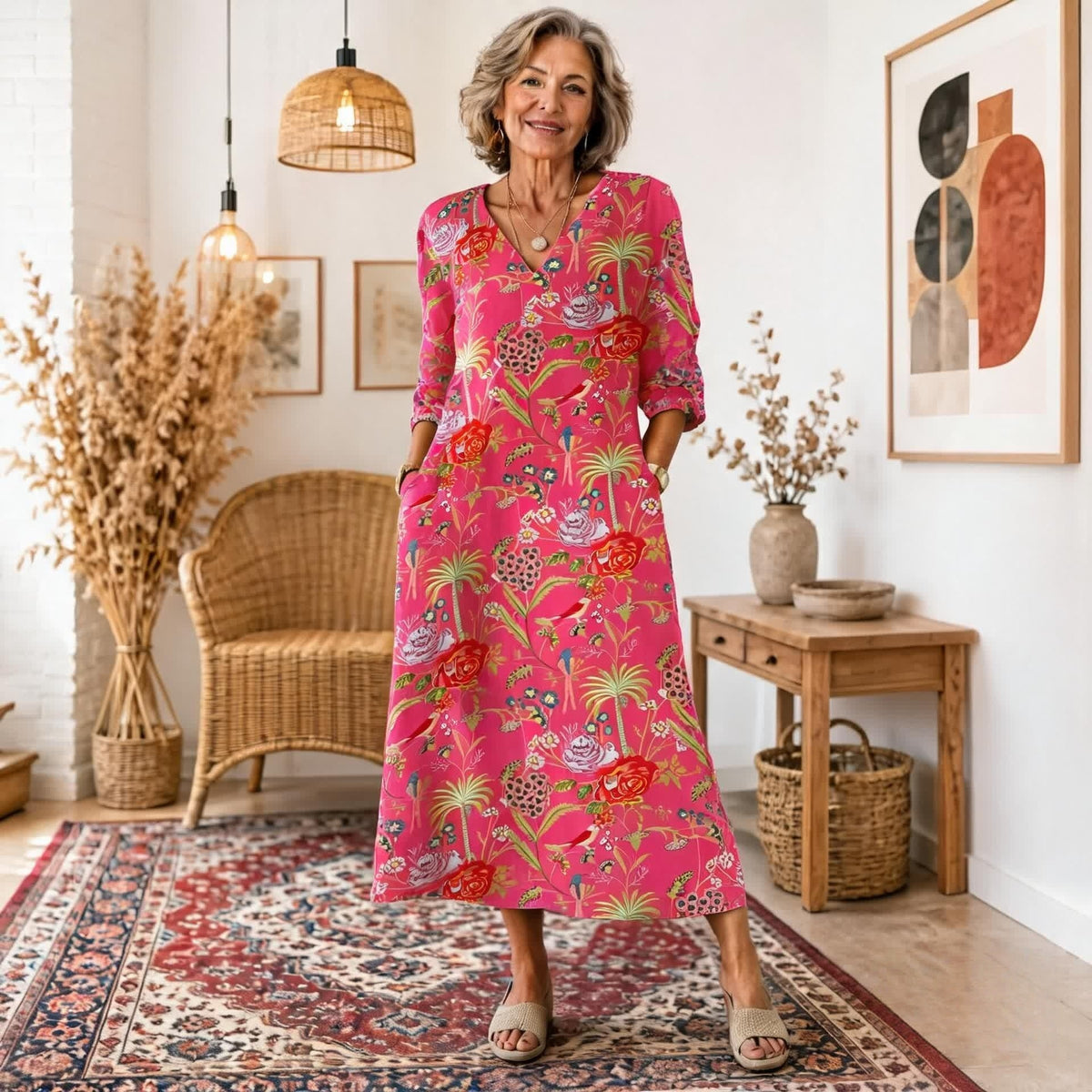 Sukienka maxi w stylu boho z etnicznym wzorem i korzystnym krojem