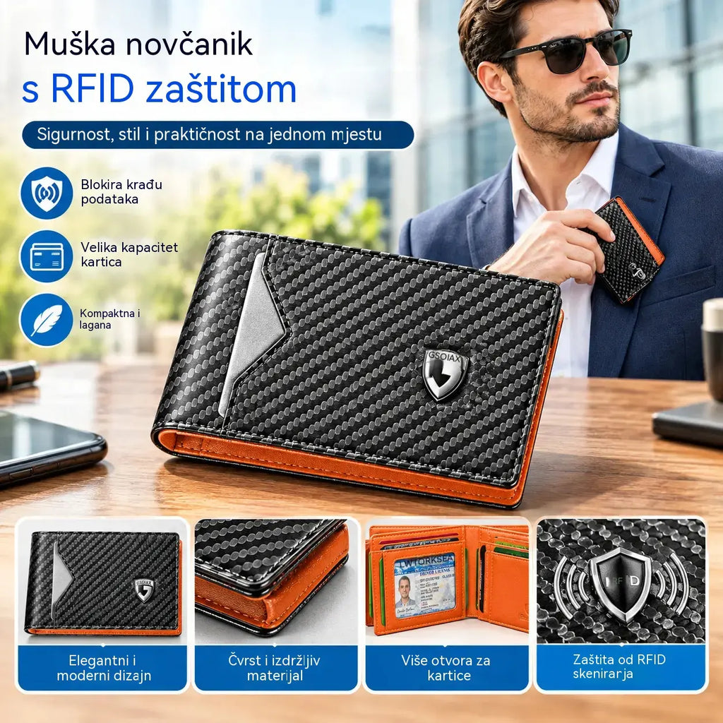 🔥【Trenutno hit!】Muški tanki novčanik｜RFID zaštita, izdržljiva koža s dizajnom karbonskih vlakana