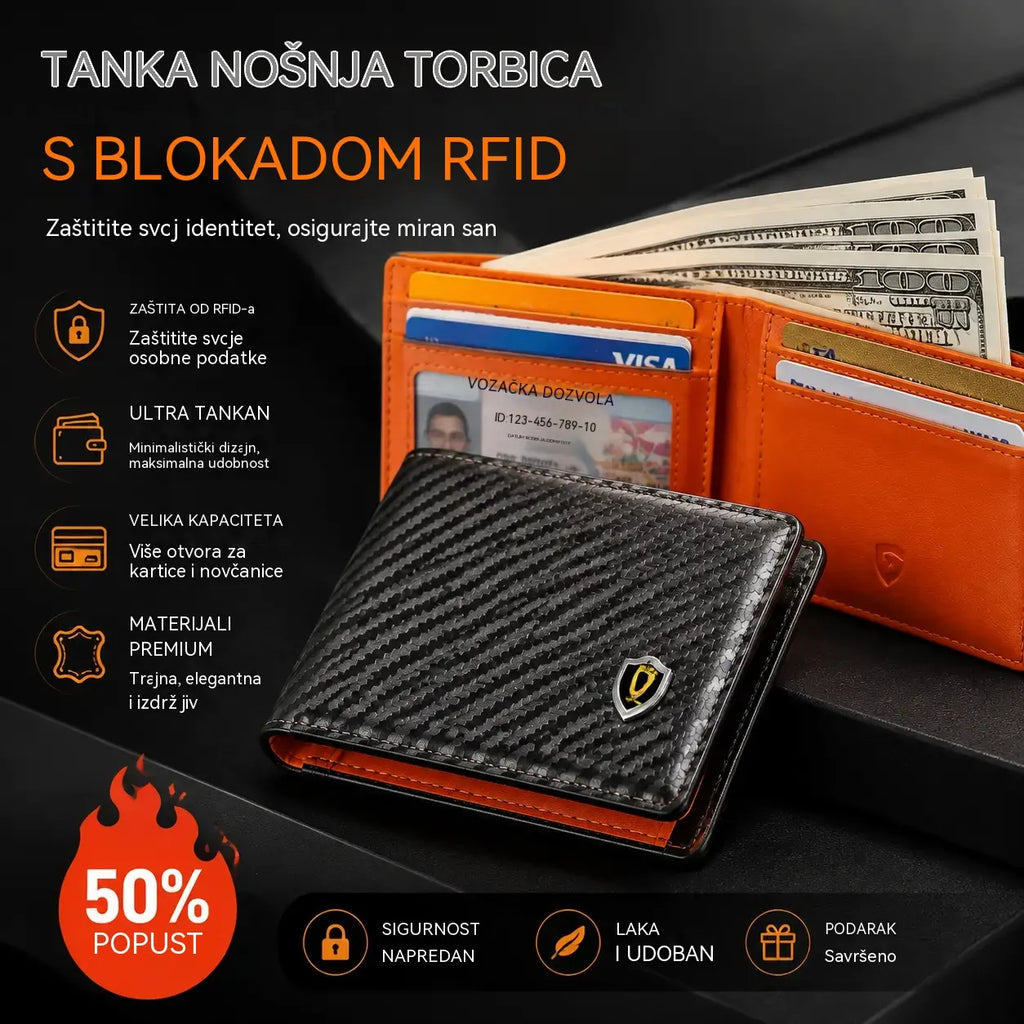 🔥【Trenutno hit!】Muški tanki novčanik｜RFID zaštita, izdržljiva koža s dizajnom karbonskih vlakana