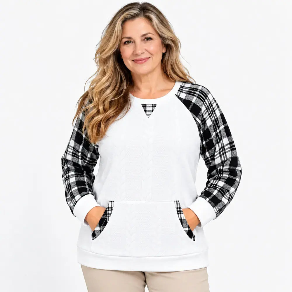 【S–2XL / 6 boja】Jesenska i zimska majica s kariranim patchwork dizajnom i okruglim izrezom, retro ležerni stil
