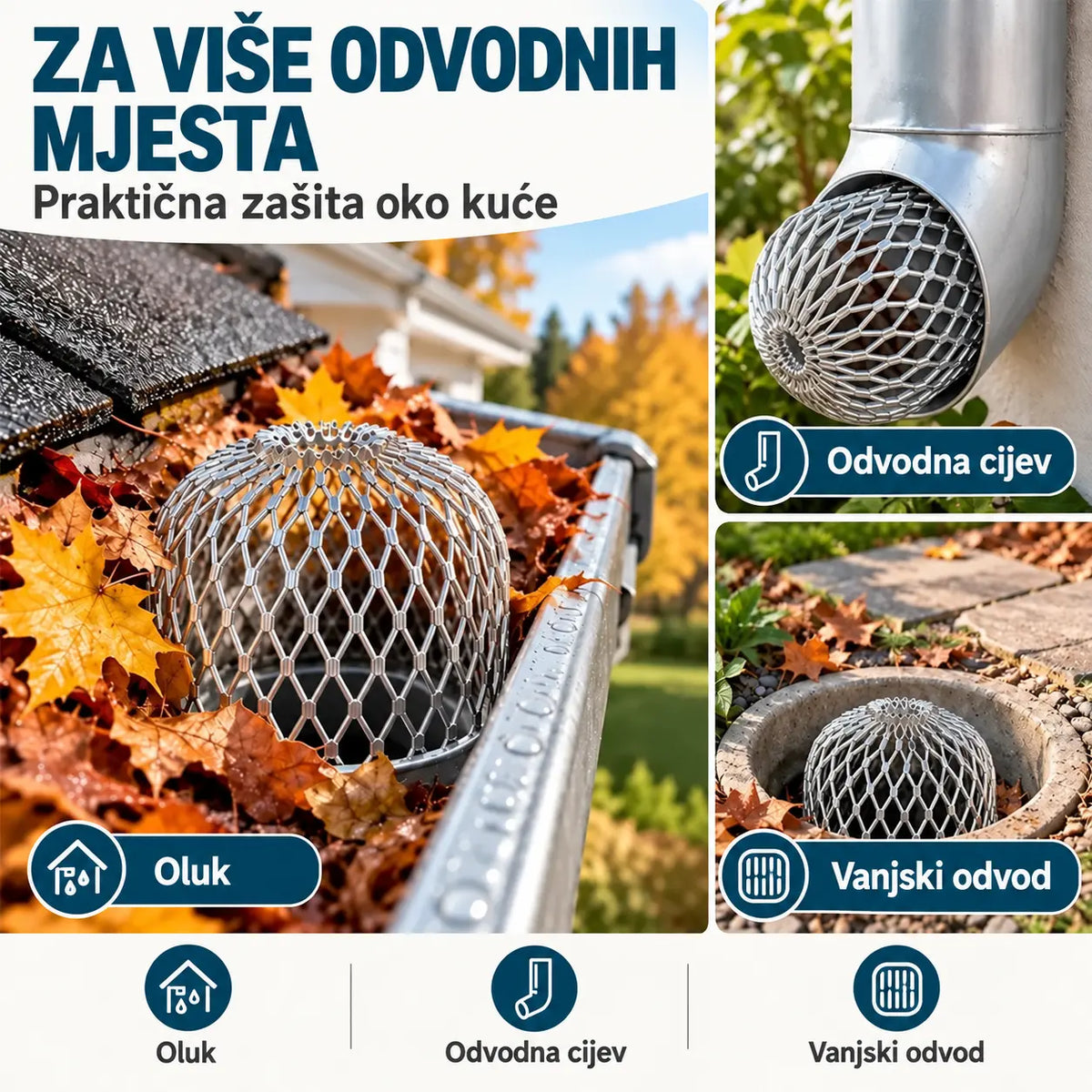 🍂【Set od 10 komada】Zaštita protiv začepljenja za oluke i odvodne cijevi · Izrađena od aluminijske legure · Prilagodljiv oblik · Jednostavna montaža bez alata