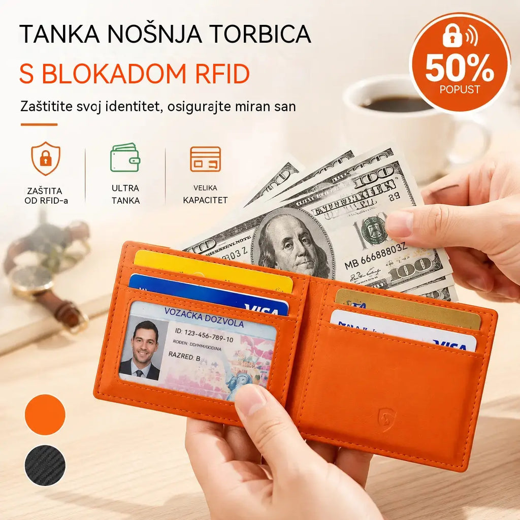 🔥【Trenutno hit!】Muški tanki novčanik｜RFID zaštita, izdržljiva koža s dizajnom karbonskih vlakana