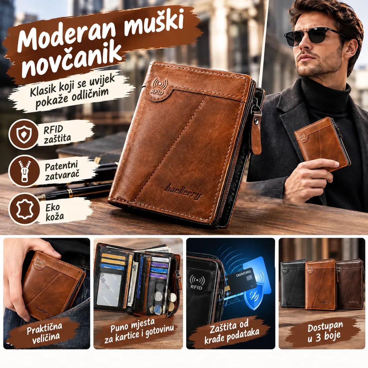 ✨【Posljednji dan – 50% popusta!】Nova vrhunska muška retro novčanik s patentnim zatvaračem i RFID zaštitom od krađe